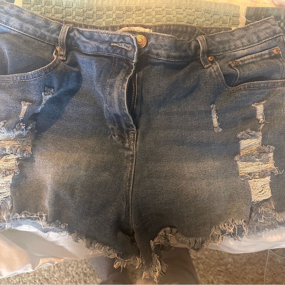 Reverse Blue Distressed Jean Shorts